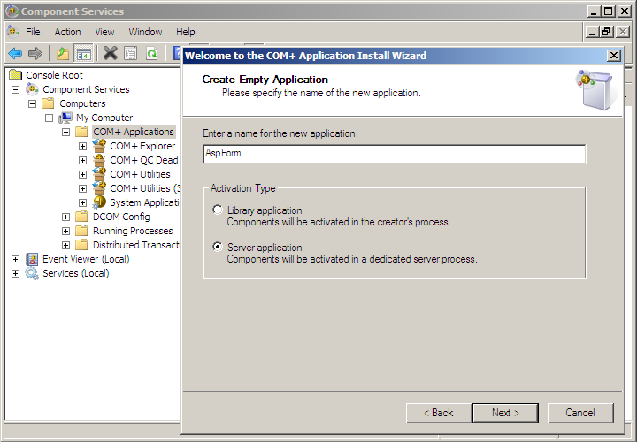 Create a new COM+ application - name the application